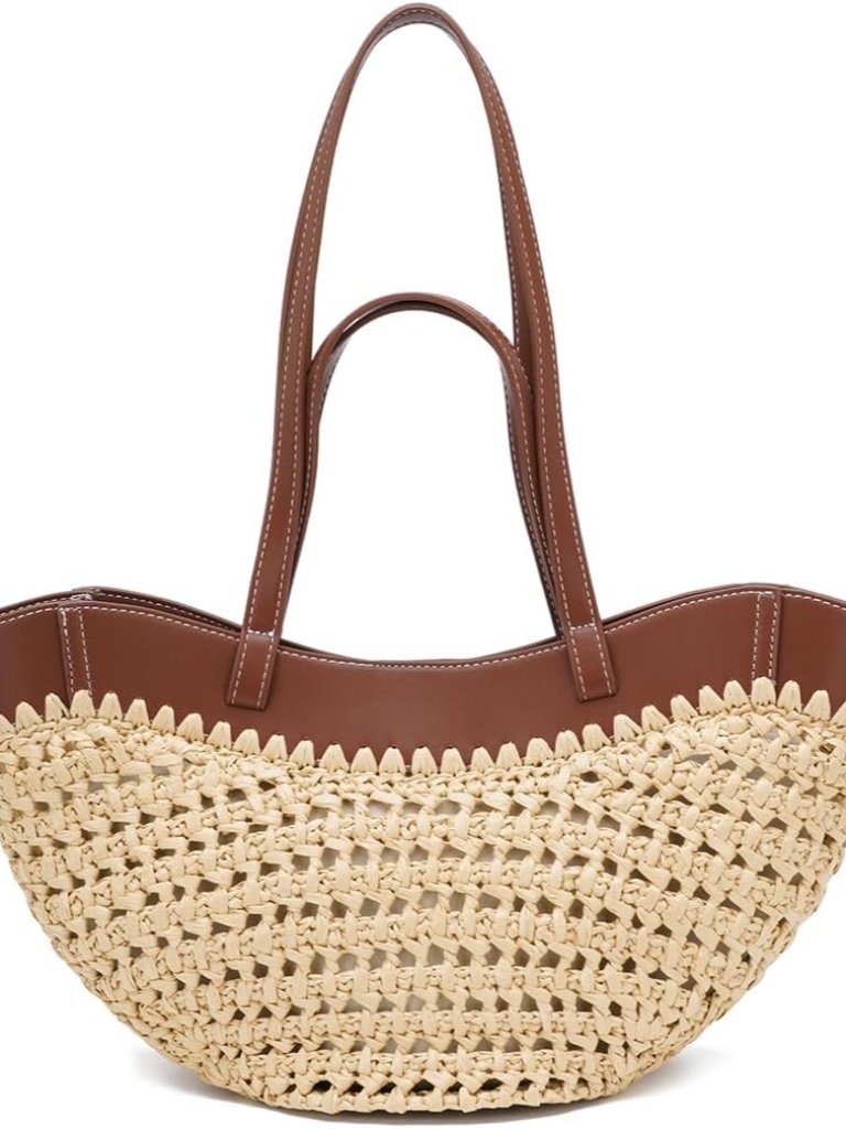 Straw Tote Bag For Women, Woven Summer Beach Bag With Leather Trim & Double Stra